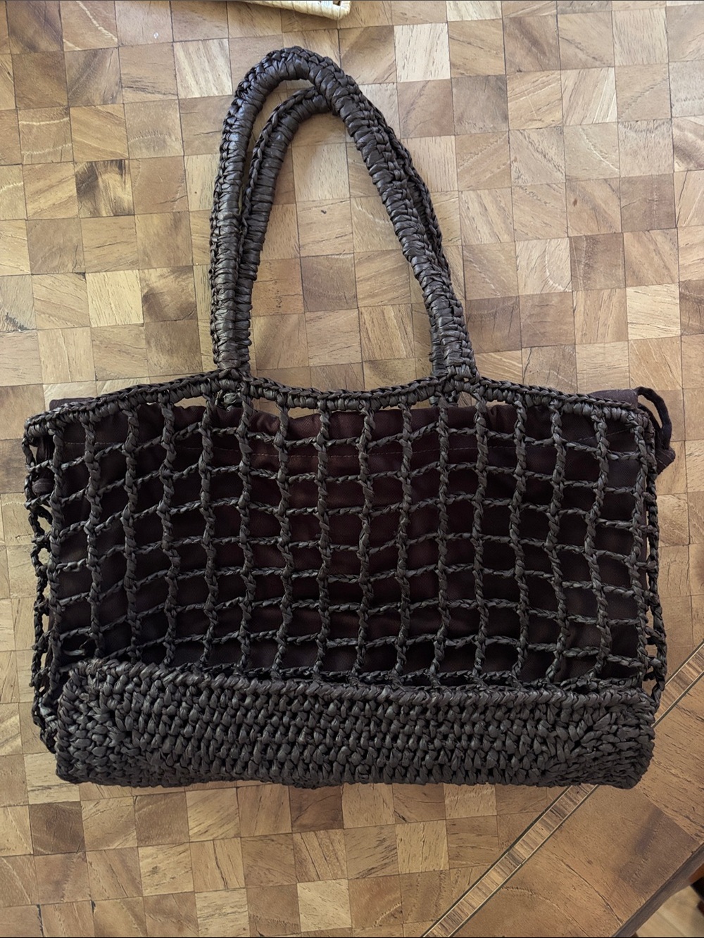 Zara Woven Crochet Tote Bag in Dark Brown